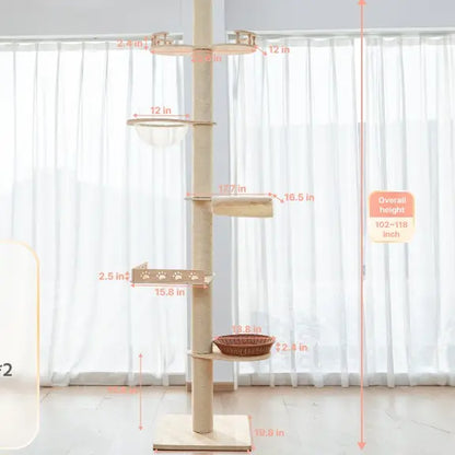 Adjustable Height Cat Tree Tower (102-118 Inches ) 5-Tier Hemp Scratching Post Indoor/Outdoor Sturdy Cat Activity Center with Perches