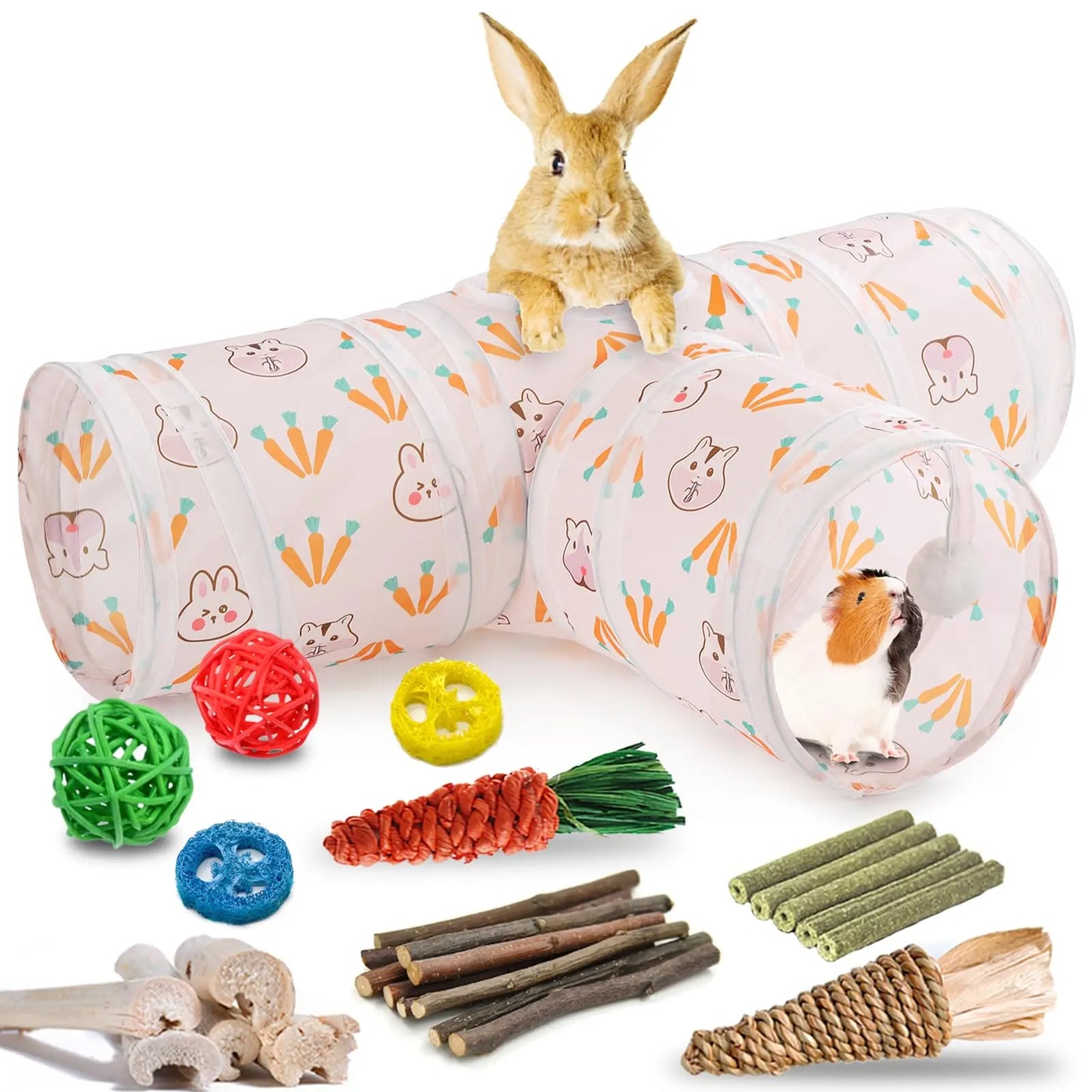 Collapsible 3-Way Hideout Tunnel with Chew Toys for Bunny, Guinea Pig, Ferret, and Kitten