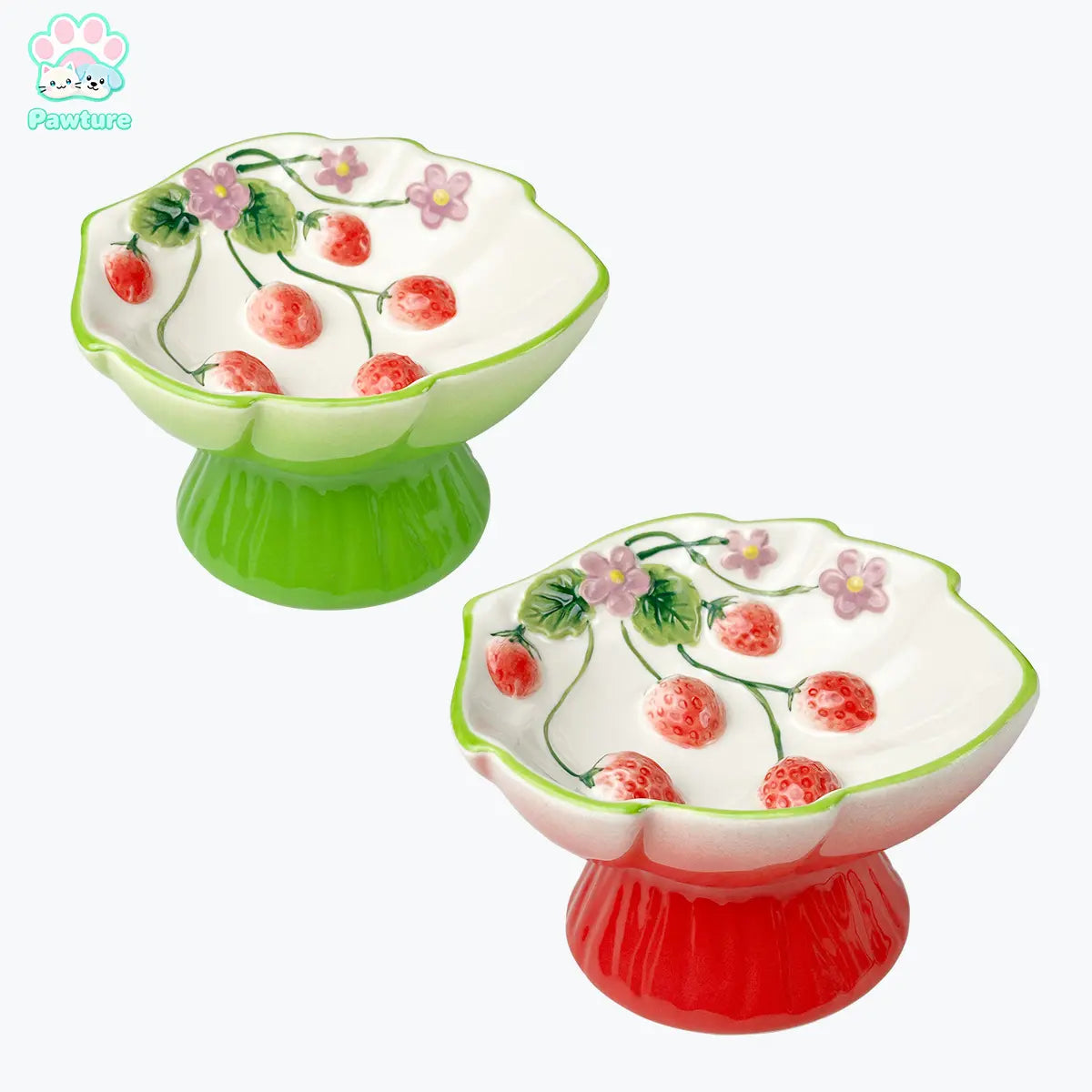 Ceramic Pet Slow Feeder Bowl, Elevated Pet Food Bowl for Cats & Small Dogs, Prevents Vomiting & Bloating, Non-Slip Base, Strawberry Country-Style Design for Dry and Wet Food