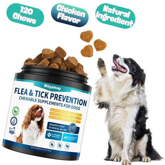 Woyamay Dog Flea and Tick Chews, 200 Ct with Omega-3, Natural Dog Flea and Tick Support Chews, Daily Flea Away for Puppies Chewables, All Breeds & Sizes, Chicken Flavor Supplements Vitamin