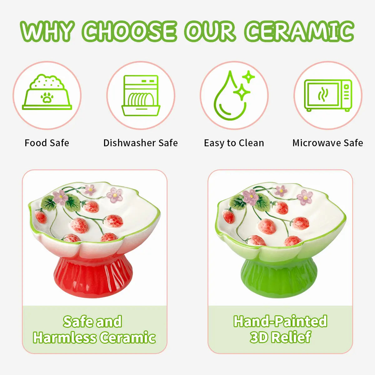 Ceramic Pet Slow Feeder Bowl, Elevated Pet Food Bowl for Cats & Small Dogs, Prevents Vomiting & Bloating, Non-Slip Base, Strawberry Country-Style Design for Dry and Wet Food