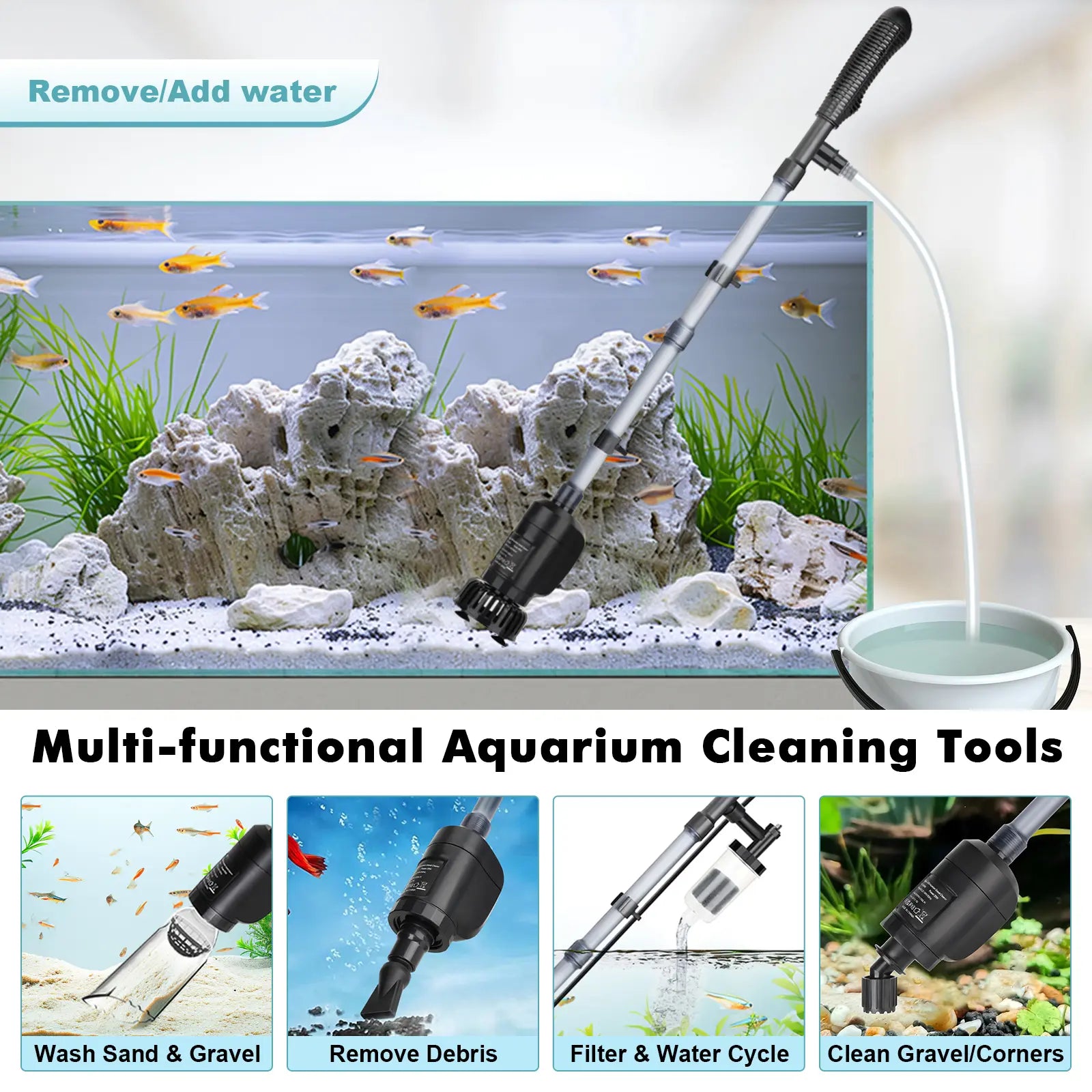 AQQA Aquarium Gravel Cleaner - Electric Automatic 6 in 1 Multi-Functionalaquarium Cleaning Tools Se Water Changer Sand Algae Cleaner Filter Changer for Fish &Turtle Tank