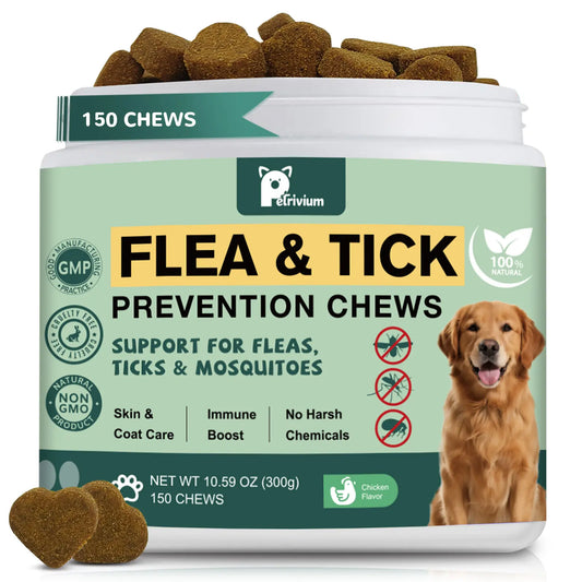 Dog Flea & Tick Support Soft Chews - Natural Oral Supplement - Suitable for All Breeds & Sizes - 150 Chicken Treats
