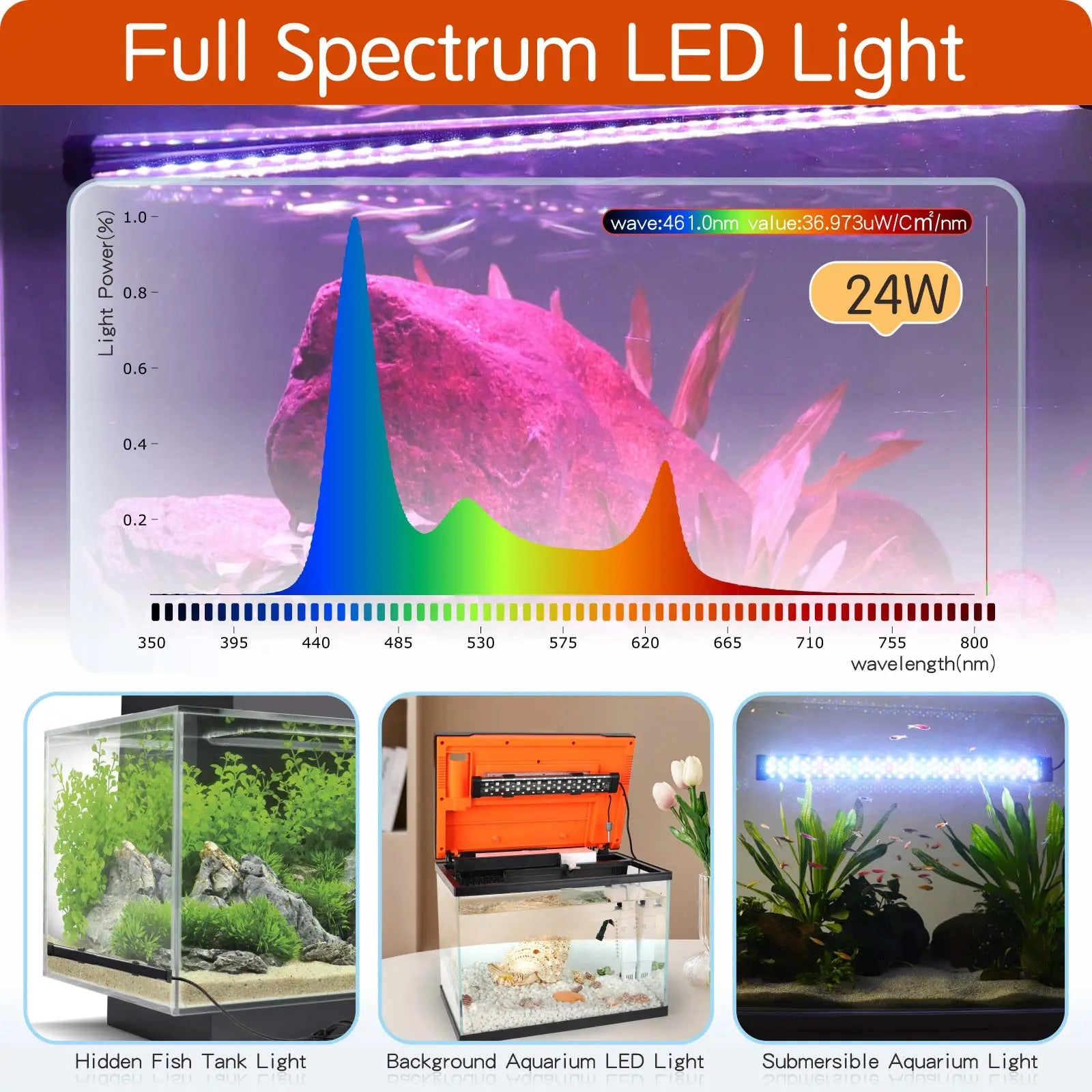 Hygger Submersible LED Aquarium Light, 24/7 Mode Fish Tank Light with 5 Rows Beads, with Timer 9 Colors and Adjustable Brightness, Full Spectrum IP68 Waterproof Light for Fish Tank 8-54In