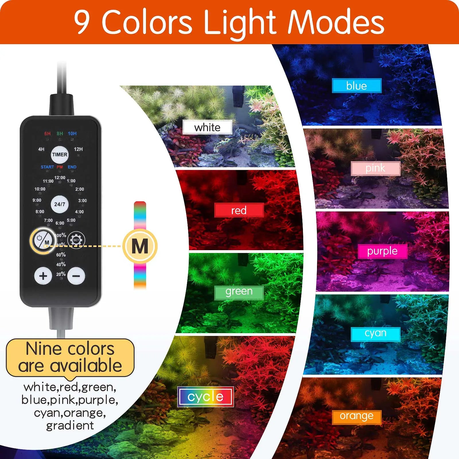 Hygger Submersible LED Aquarium Light, 24/7 Mode Fish Tank Light with 5 Rows Beads, with Timer 9 Colors and Adjustable Brightness, Full Spectrum IP68 Waterproof Light for Fish Tank 8-54In