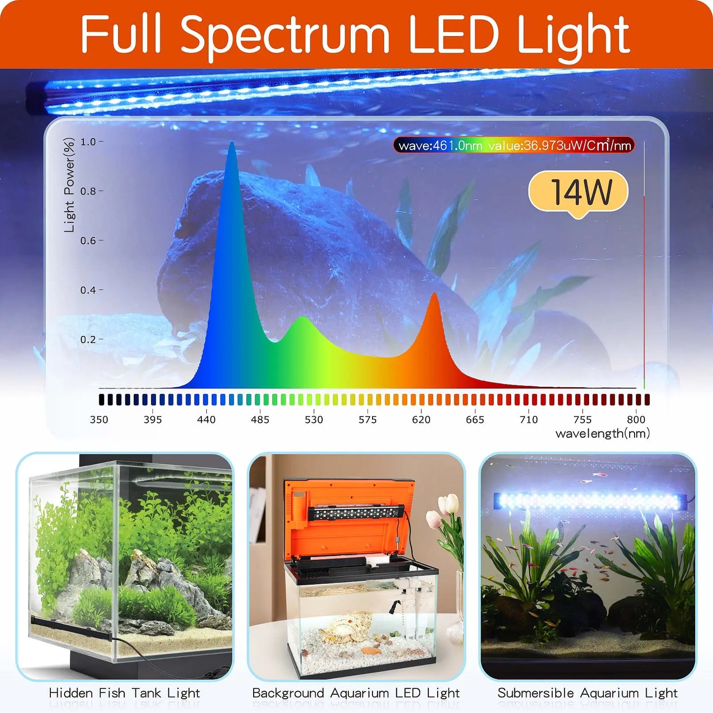 Hygger Submersible LED Aquarium Light, 24/7 Mode Fish Tank Light with 5 Rows Beads, with Timer 9 Colors and Adjustable Brightness, Full Spectrum IP68 Waterproof Light for Fish Tank 8-54In