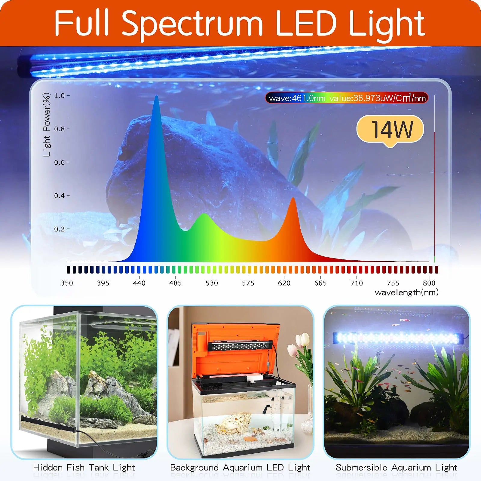 Hygger Submersible LED Aquarium Light, 24/7 Mode Fish Tank Light with 5 Rows Beads, with Timer 9 Colors and Adjustable Brightness, Full Spectrum IP68 Waterproof Light for Fish Tank 8-54In