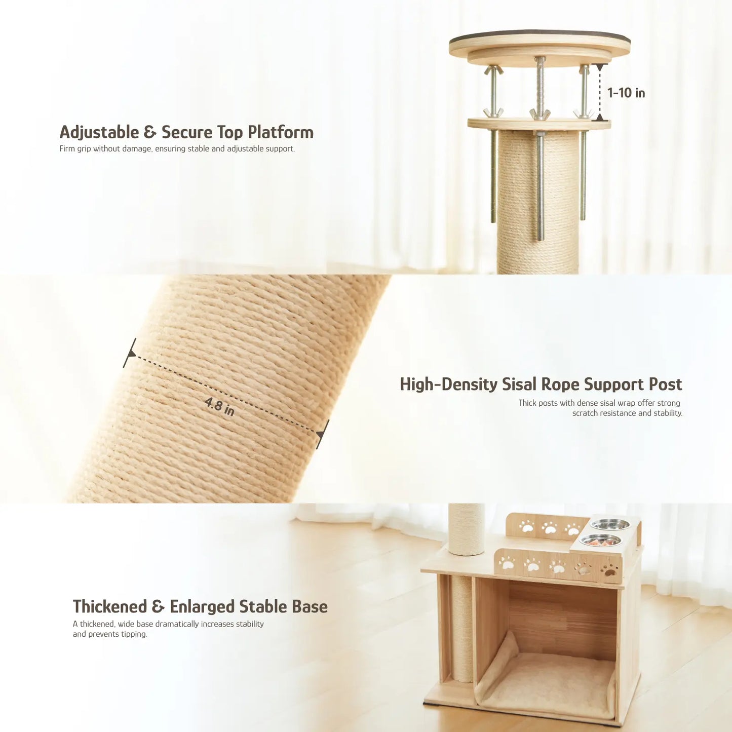 Adjustable Height Cat Tree Tower (102-118 Inches ) 5-Tier Hemp Scratching Post Indoor/Outdoor Sturdy Cat Activity Center with Perches