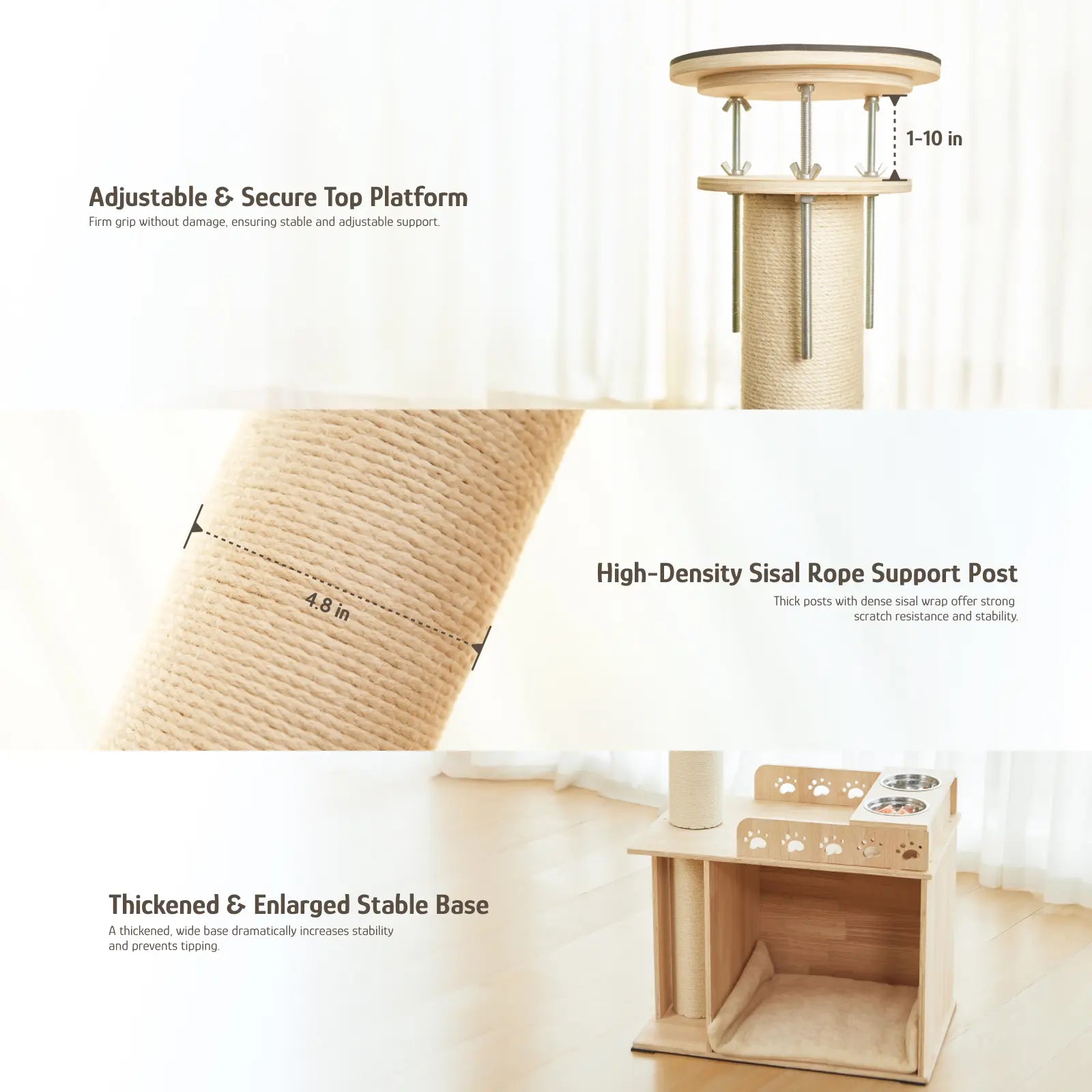 Adjustable Height Cat Tree Tower (102-118 Inches ) 5-Tier Hemp Scratching Post Indoor/Outdoor Sturdy Cat Activity Center with Perches