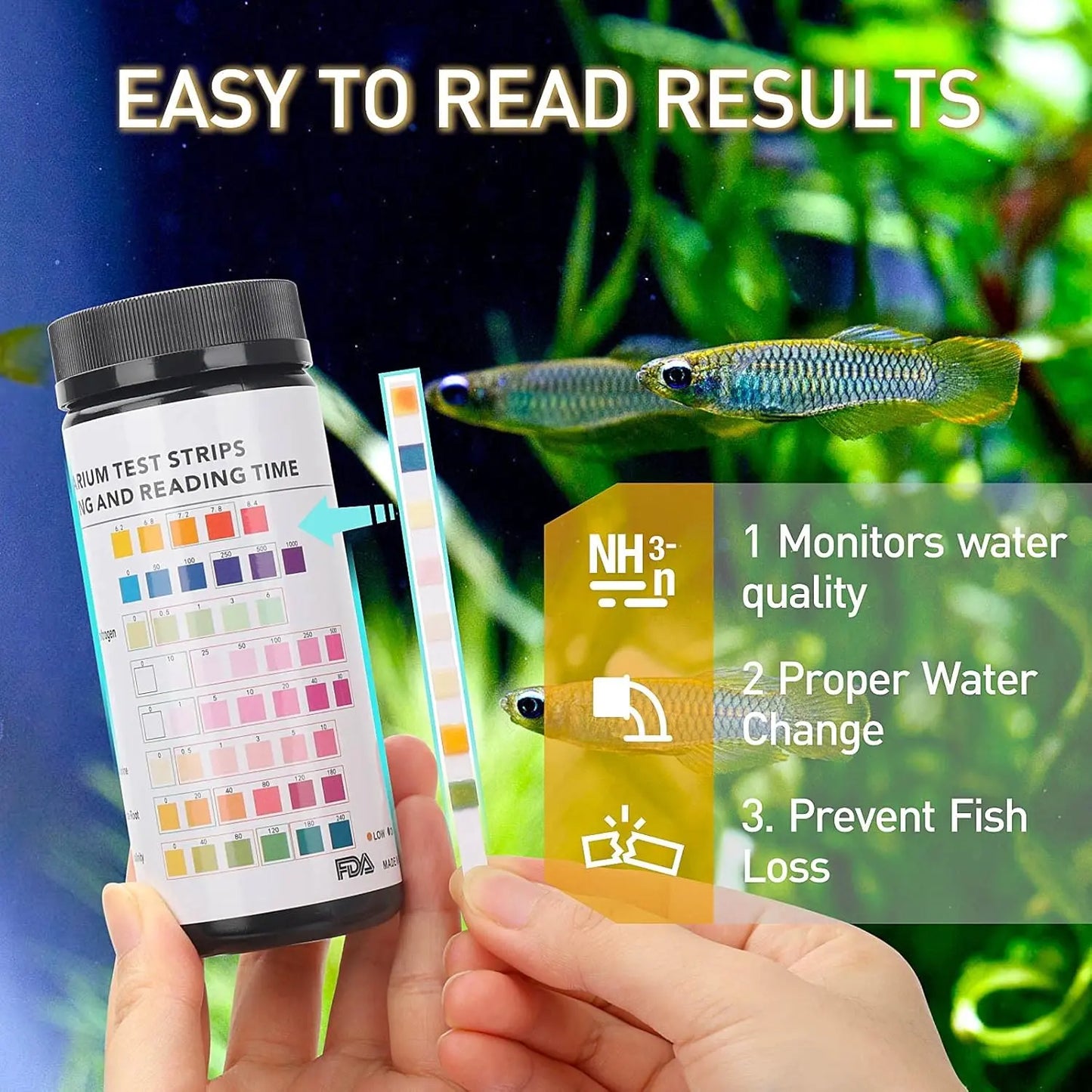 8-In-1 Aquarium Test Strips 50&100Ct Fast Water Testing for Fish Tankammonia Nitrate PH Ammonia, Alkalinity, Hardness, Chlorine, Etc.