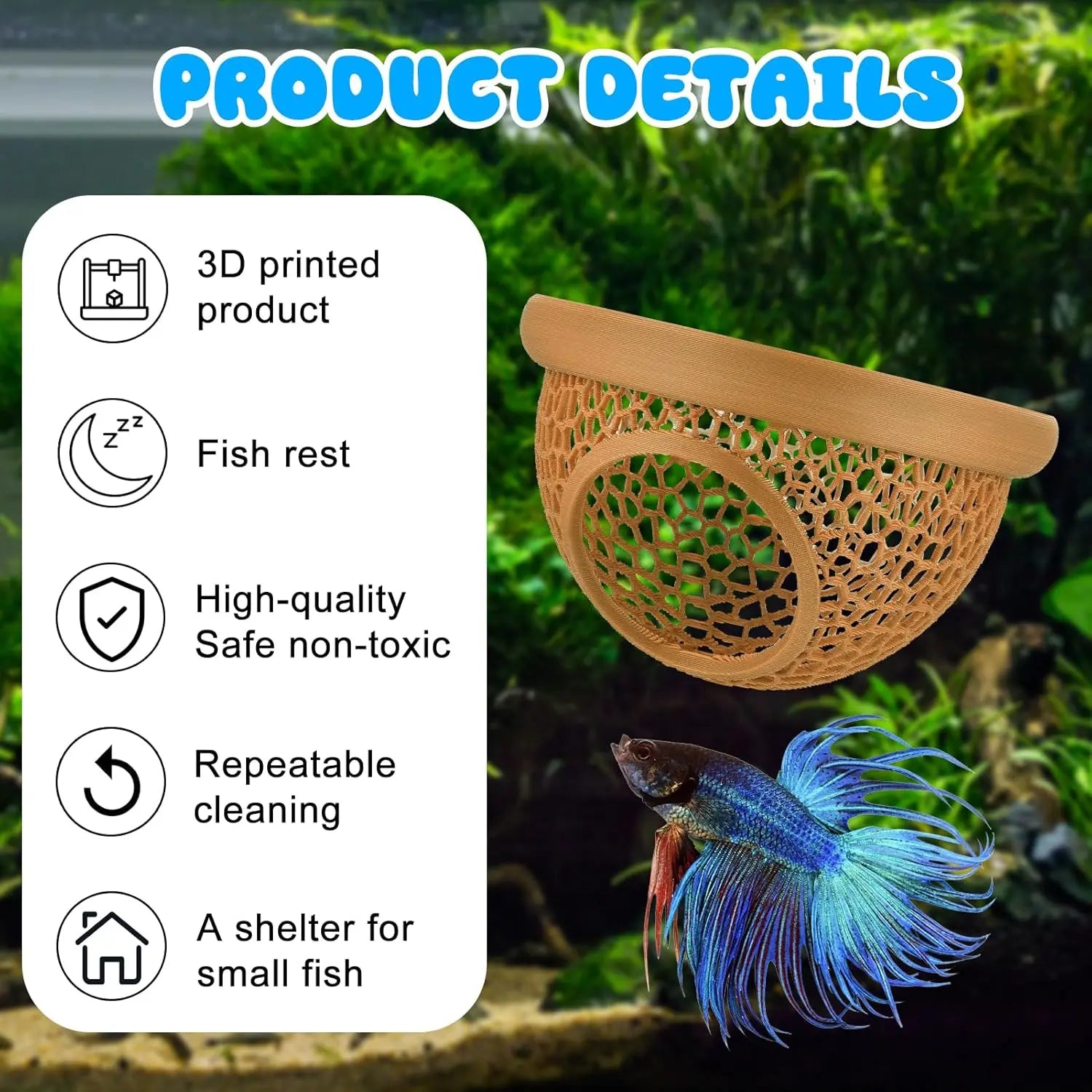 Floating Betta & Shrimp Cave - Printed Aquarium Hammock, Feeder & Rest Spot - Floating Betta Log & Cave Decor for Nano Tanks, Corydoras, Shrimp & Small Fish - Safe PLA, Pending