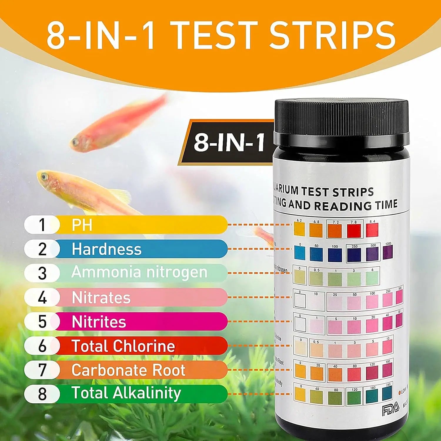 8-In-1 Aquarium Test Strips 50&100Ct Fast Water Testing for Fish Tankammonia Nitrate PH Ammonia, Alkalinity, Hardness, Chlorine, Etc.