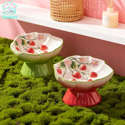 Ceramic Pet Slow Feeder Bowl, Elevated Pet Food Bowl for Cats & Small Dogs, Prevents Vomiting & Bloating, Non-Slip Base, Strawberry Country-Style Design for Dry and Wet Food