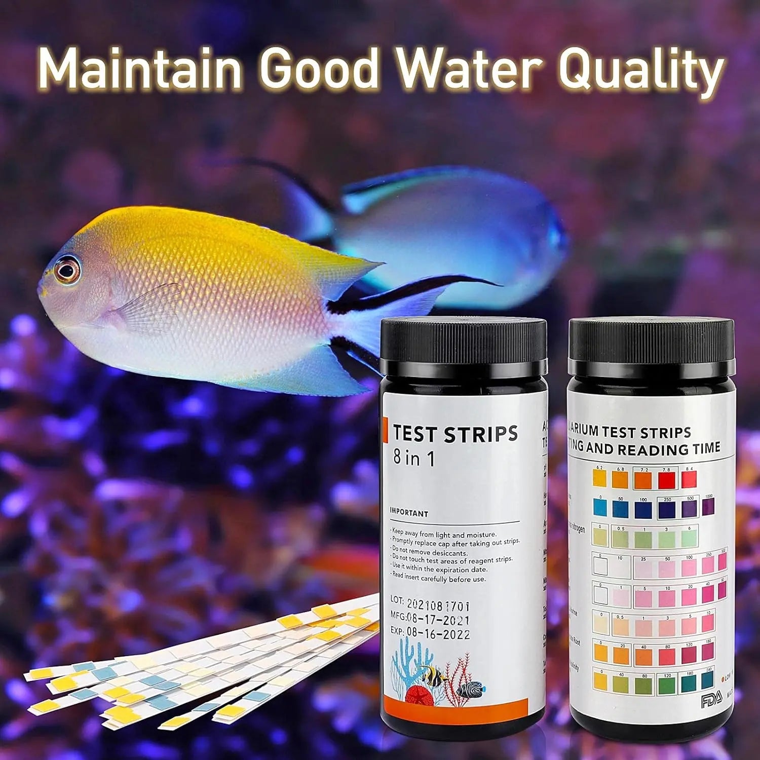 8-In-1 Aquarium Test Strips 50&100Ct Fast Water Testing for Fish Tankammonia Nitrate PH Ammonia, Alkalinity, Hardness, Chlorine, Etc.