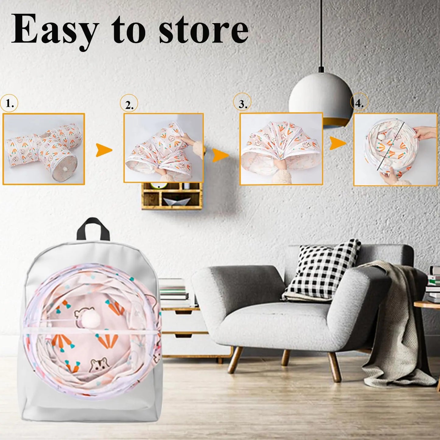 Collapsible 3-Way Hideout Tunnel with Chew Toys for Bunny, Guinea Pig, Ferret, and Kitten