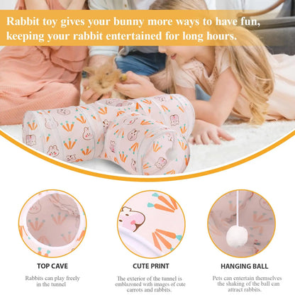 Collapsible 3-Way Hideout Tunnel with Chew Toys for Bunny, Guinea Pig, Ferret, and Kitten
