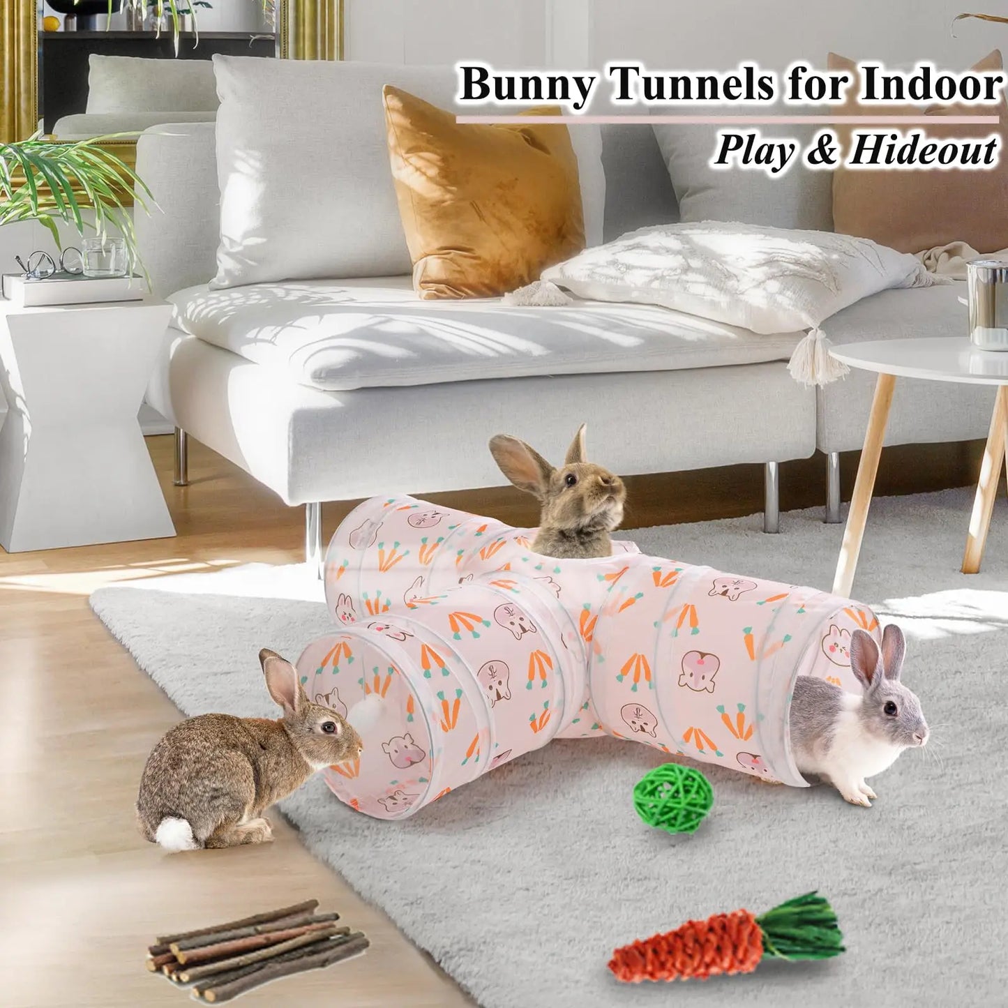 Collapsible 3-Way Hideout Tunnel with Chew Toys for Bunny, Guinea Pig, Ferret, and Kitten