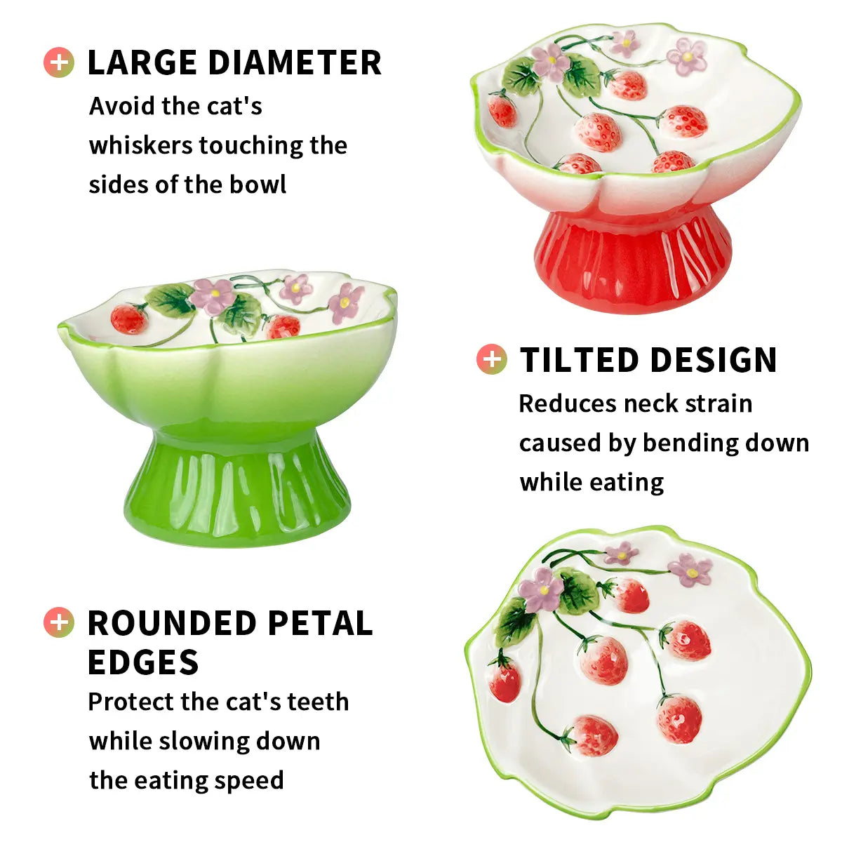 Ceramic Pet Slow Feeder Bowl, Elevated Pet Food Bowl for Cats & Small Dogs, Prevents Vomiting & Bloating, Non-Slip Base, Strawberry Country-Style Design for Dry and Wet Food