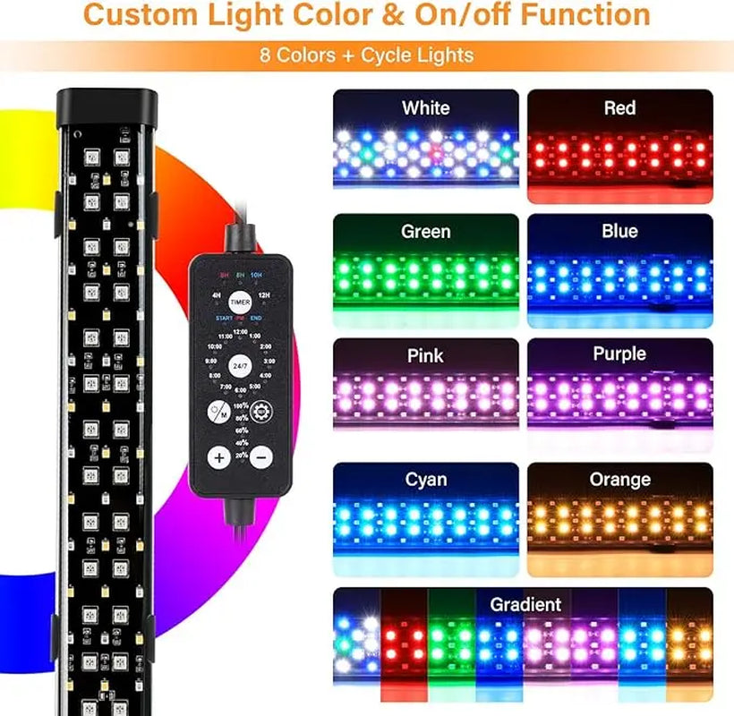 Hygger Submersible LED Aquarium Light, 24/7 Mode Fish Tank Light with 5 Rows Beads, with Timer 9 Colors and Adjustable Brightness, Full Spectrum IP68 Waterproof Light for Fish Tank 8-54In