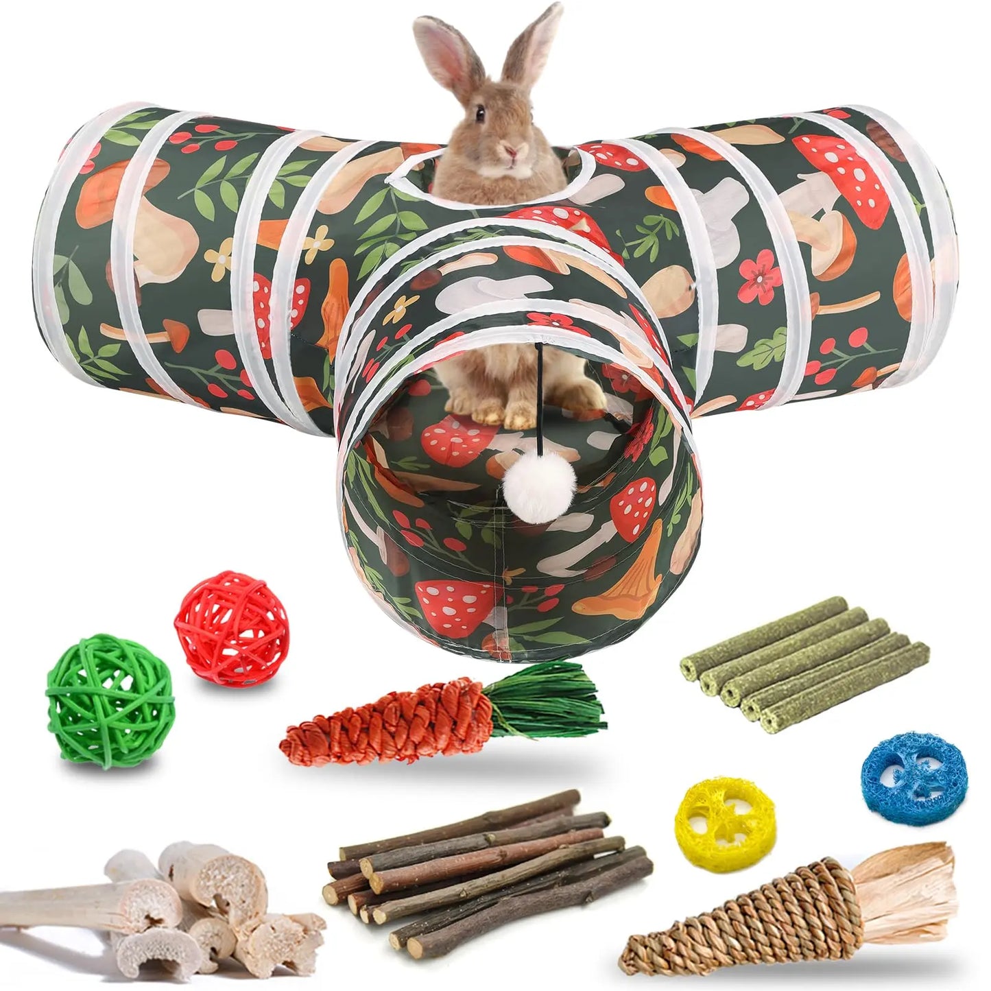 Collapsible 3-Way Hideout Tunnel with Chew Toys for Bunny, Guinea Pig, Ferret, and Kitten