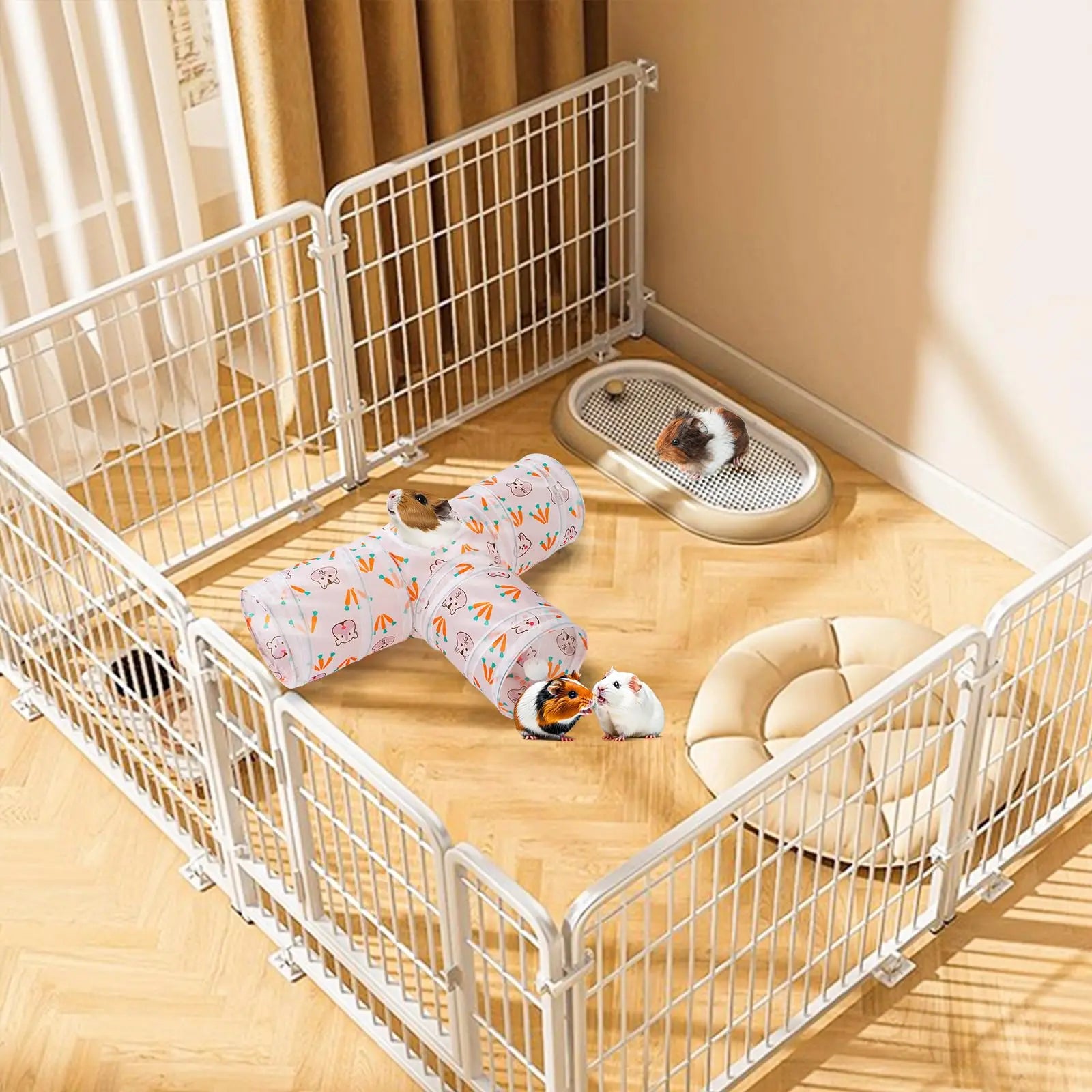 Collapsible 3-Way Hideout Tunnel with Chew Toys for Bunny, Guinea Pig, Ferret, and Kitten