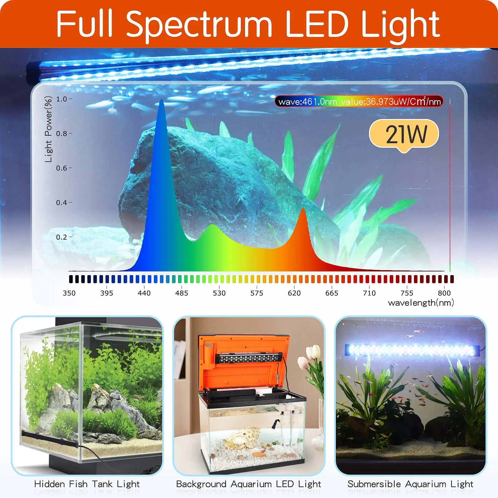 Hygger Submersible LED Aquarium Light, 24/7 Mode Fish Tank Light with 5 Rows Beads, with Timer 9 Colors and Adjustable Brightness, Full Spectrum IP68 Waterproof Light for Fish Tank 8-54In