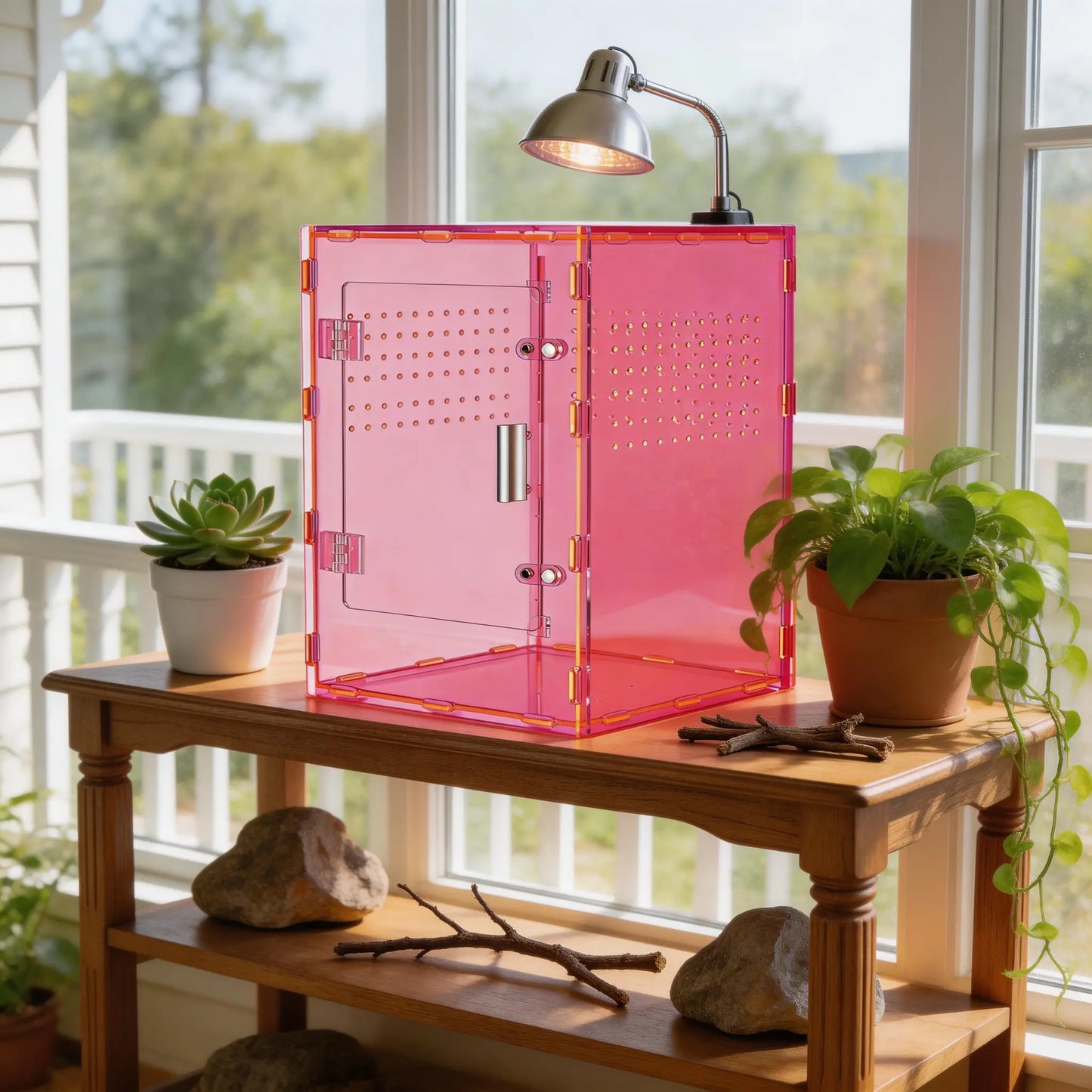 8X8X12 Acrylic Reptile Tank Cyberpunk Pink Terrarium Enclosure for Crested Geckos & Small Pets with Tropical Rainforest Inspired Design