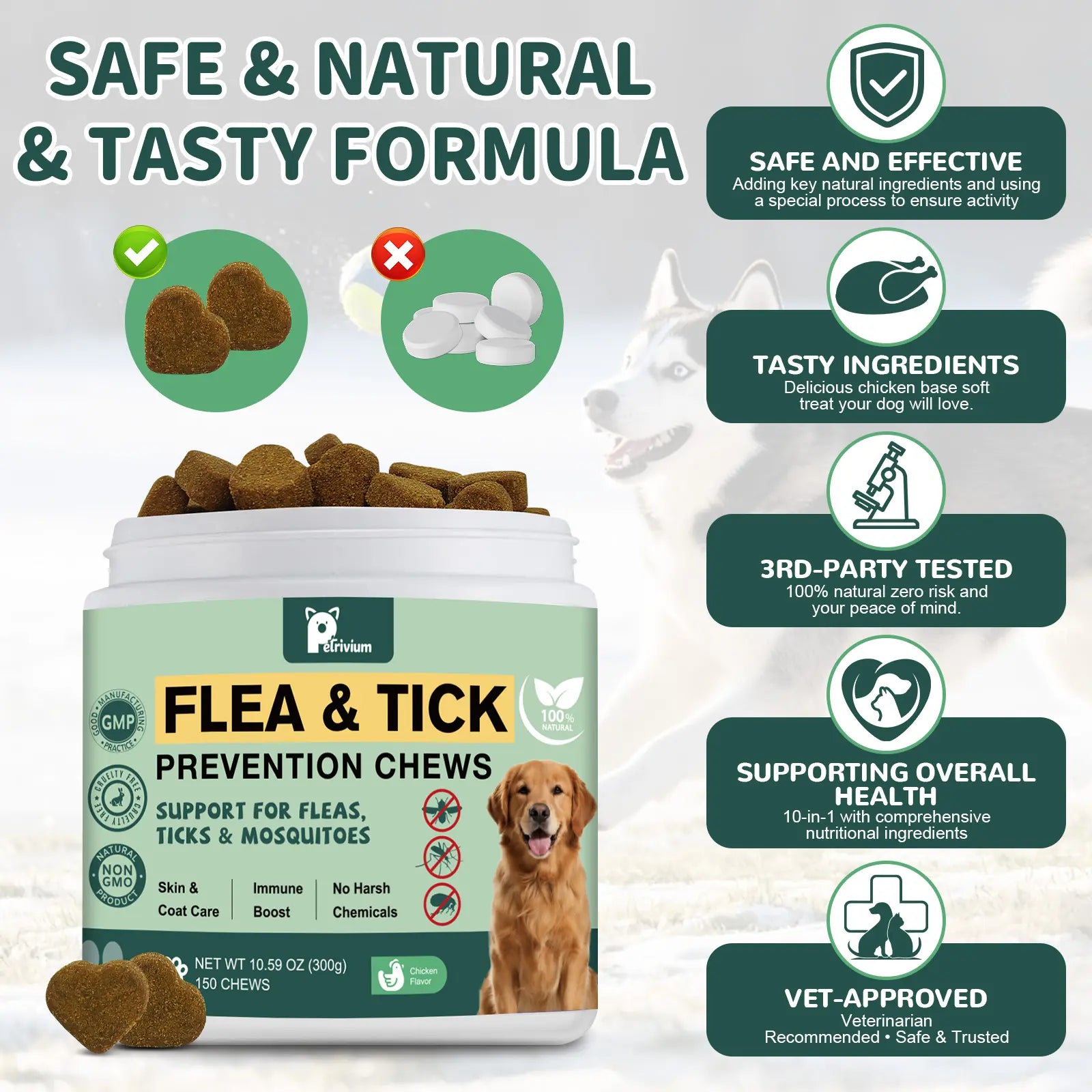 Dog Flea & Tick Support Soft Chews - Natural Oral Supplement - Suitable for All Breeds & Sizes - 150 Chicken Treats