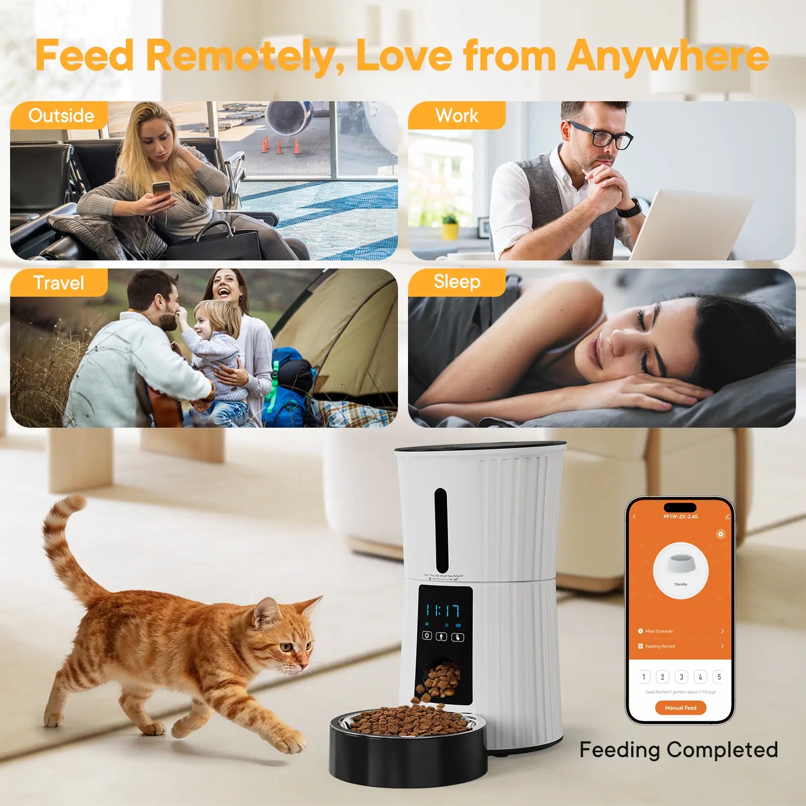 Automatic Cat Feeder, Timed Cat Food Dispenser with APP Control, 10S Voice Recorder, Dual Power Supply, 2.4G Wifi Indoor Programmable Pet Feeder with Desiccant for Small Cats and Dogs