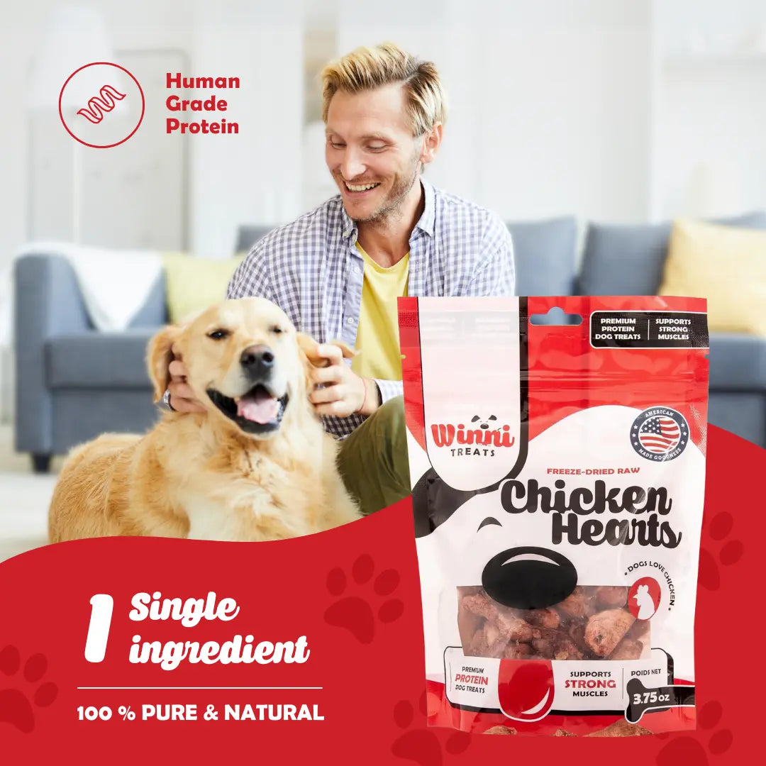 Winni Treats Freeze Dried Chicken Hearts Dog Treats - 100% Natural High Protein Snack Made in USA, Single Ingredient, Supports Strong Muscles, 3.75Oz