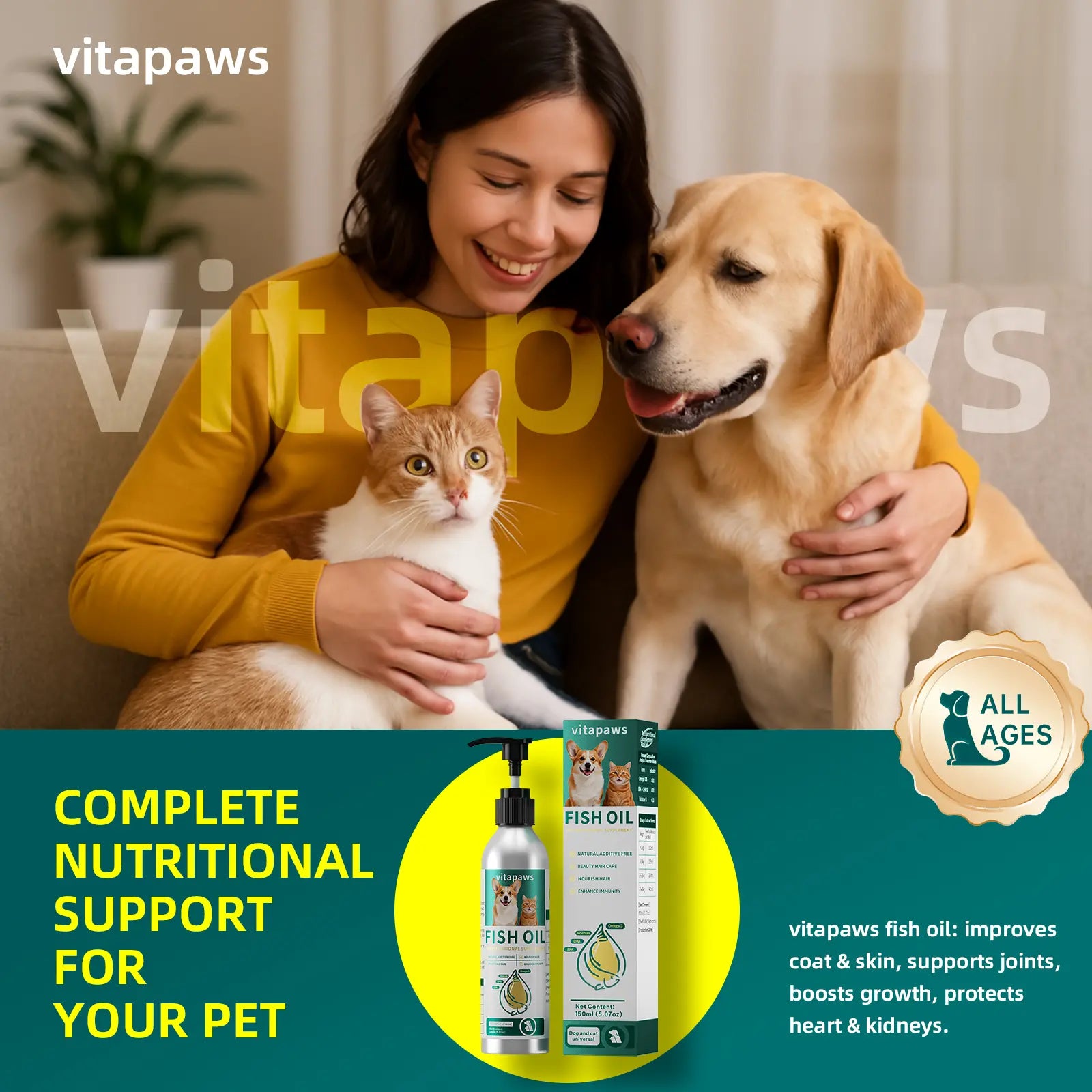 Vitapaws Aluminum Dog & Cat Fish Oil-30%High Purity Omega-3 - 100% Light-Proof & Microplastic-Free - Liquid Supplement for Shiny Coat, Itchy Skin Relief, Joint & Heart Support - 150Ml (5.07Oz)