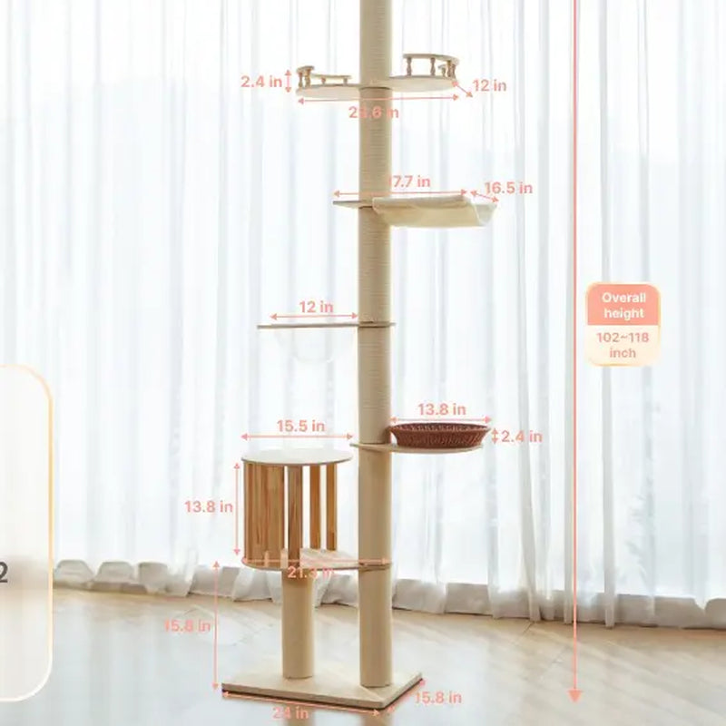 Adjustable Height Cat Tree Tower (102-118 Inches ) 5-Tier Hemp Scratching Post Indoor/Outdoor Sturdy Cat Activity Center with Perches