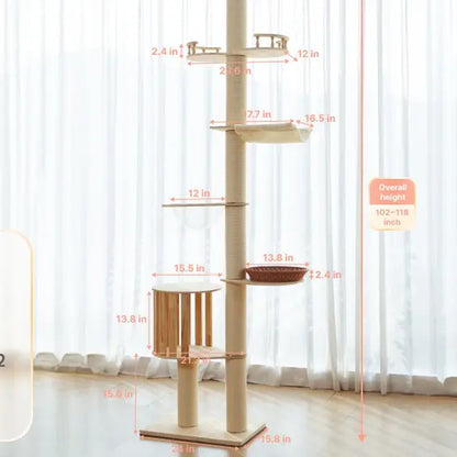 Adjustable Height Cat Tree Tower (102-118 Inches ) 5-Tier Hemp Scratching Post Indoor/Outdoor Sturdy Cat Activity Center with Perches