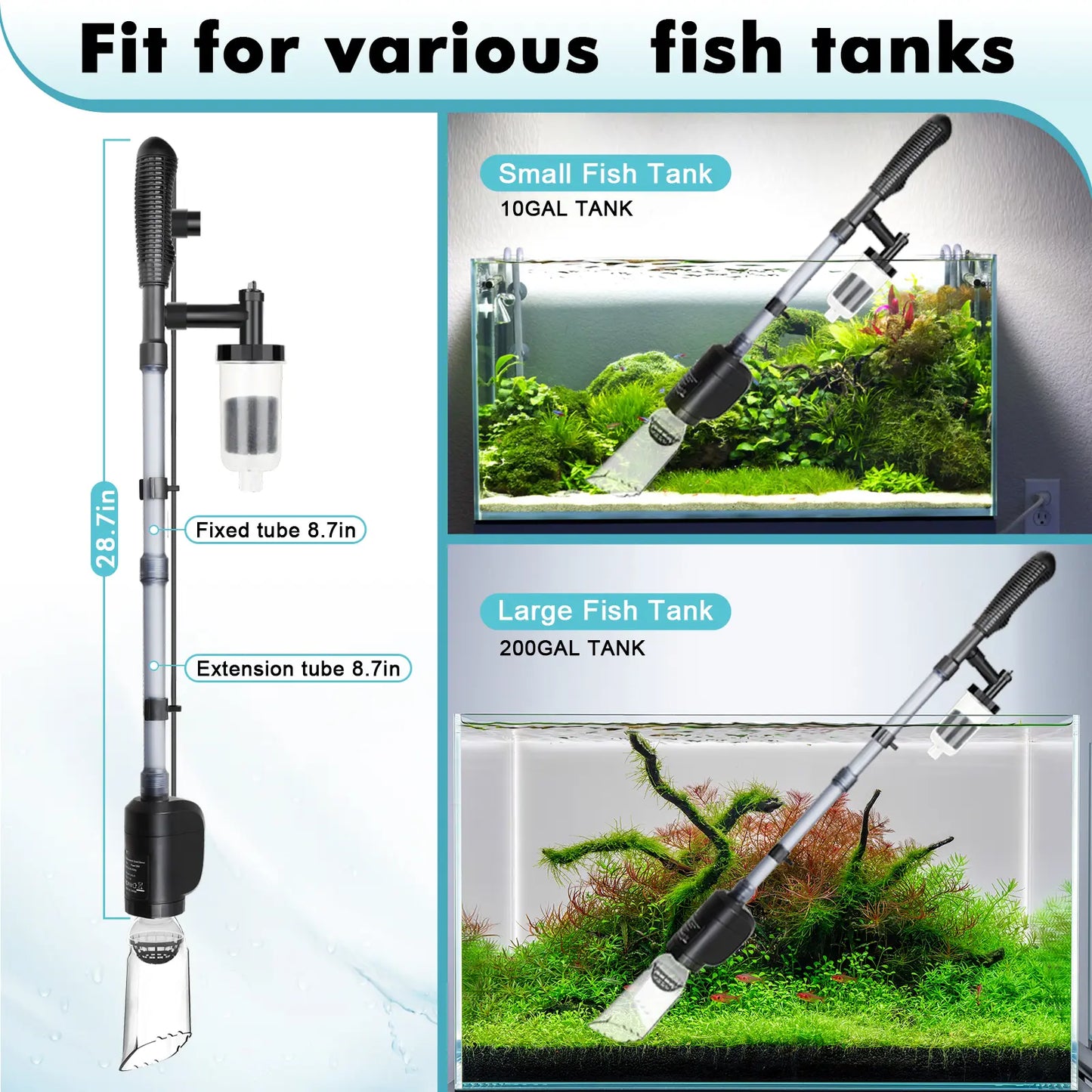 AQQA Aquarium Gravel Cleaner - Electric Automatic 6 in 1 Multi-Functionalaquarium Cleaning Tools Se Water Changer Sand Algae Cleaner Filter Changer for Fish &Turtle Tank
