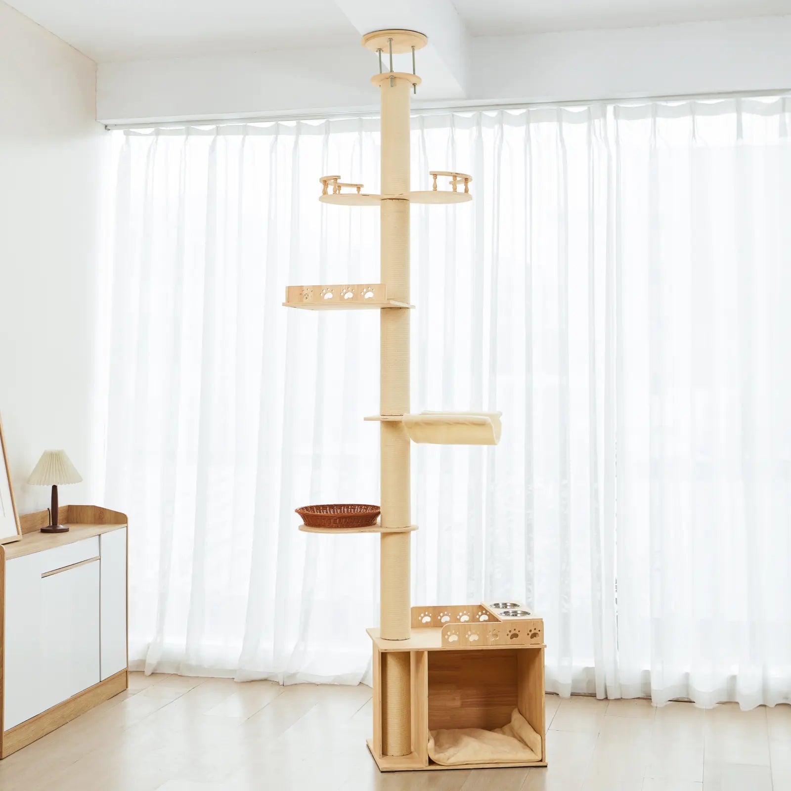 Adjustable Height Cat Tree Tower (102-118 Inches ) 5-Tier Hemp Scratching Post Indoor/Outdoor Sturdy Cat Activity Center with Perches