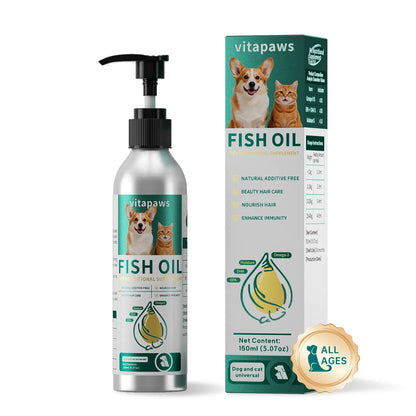 Vitapaws Aluminum Dog & Cat Fish Oil-30%High Purity Omega-3 - 100% Light-Proof & Microplastic-Free - Liquid Supplement for Shiny Coat, Itchy Skin Relief, Joint & Heart Support - 150Ml (5.07Oz)